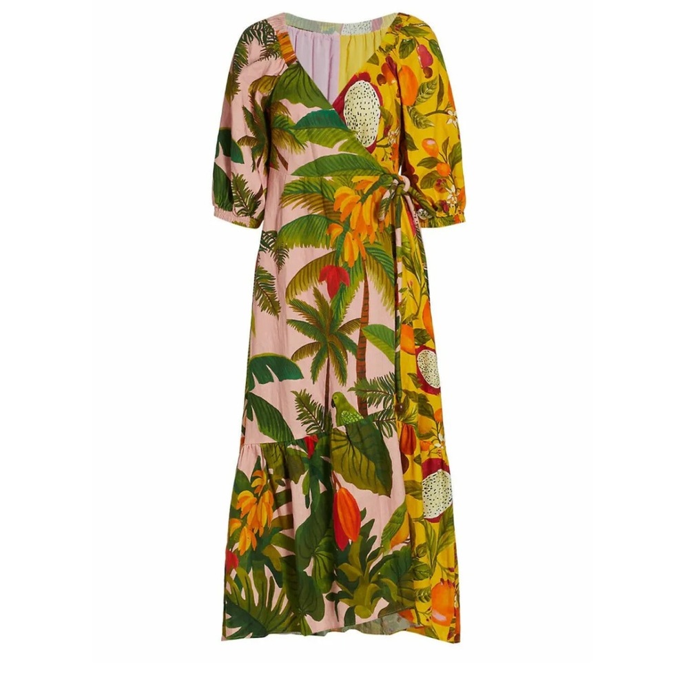 Farm Rio Mixed Prints Womens Dress XS Extra Small Linen Blend Wrap Puff Sleeve